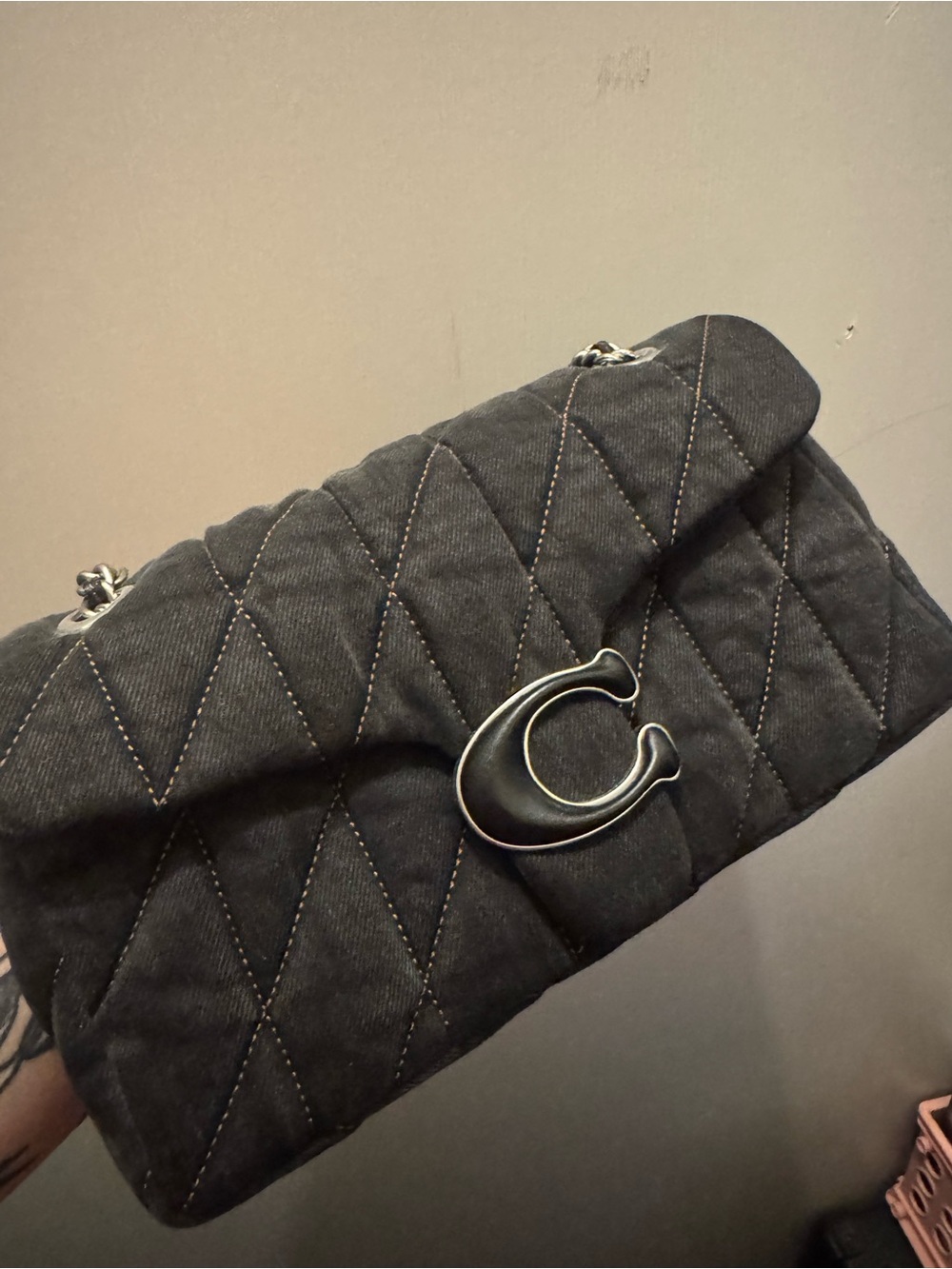 Coach Tabby 26 Quilted Black Denim Chain Shoulder Bag
